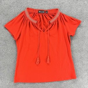 7th Avenue‎ Blouse Top womens Size XS tide neck embroidered collard Red